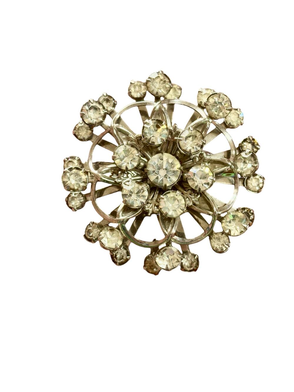 Vintage Rhinestone Starburst Brooch Silver Tone Atomic Mid Century Statement